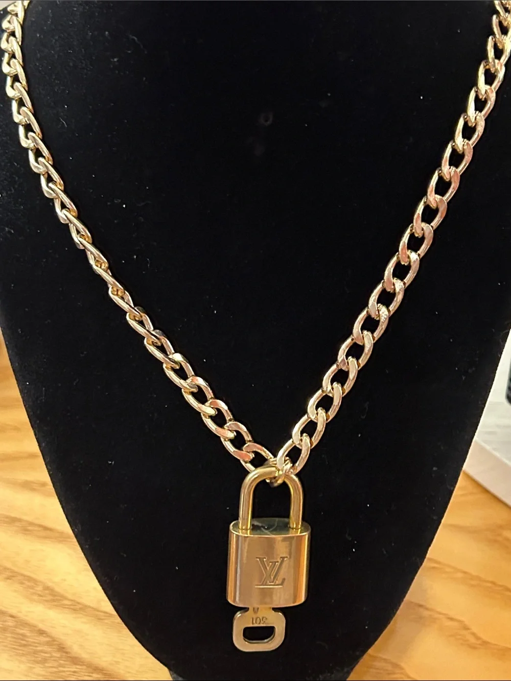 Louis Vuitton # 301 Gold-Tone Padlock Pendant Necklace 25” chain